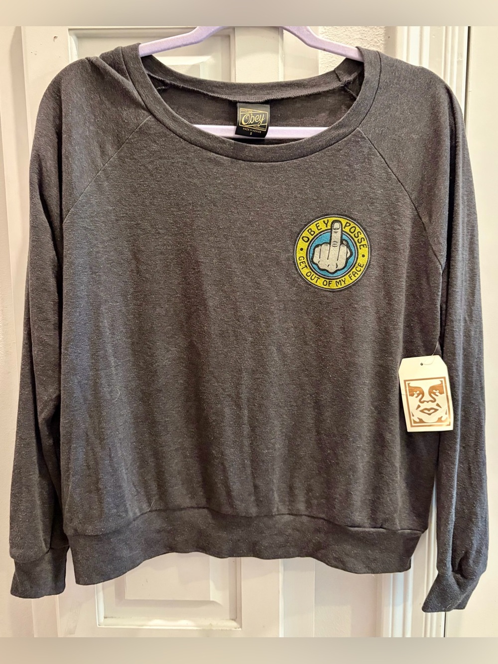 NWT OBEY Women's Charcoal Crewneck Sweatshirt with Yellow/Blue Patch Size Small